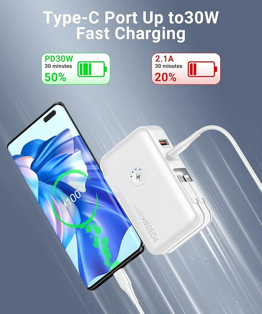 QiSa Portable Charger, Power Bank, 16000mAh Power Bank Built-in AC Wall Plug and Cables, PD 30W and QC4.0 Fast Charger for iPhone and Android Phones and Most Electronic Devices (White)