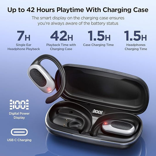 Open Ear Wireless Headphones Air Conduction Earbuds with Mic 42H Playtime Clear Calls LED Digital Display Over Earphones Lightweight Waterproof Secure Earhooks for PC Sports Running Game Business Work