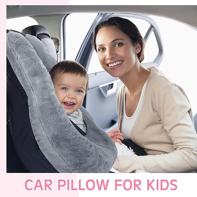 Barydat 2 Pcs Car Travel Pillow for The Back Seat 28 x 18 in Sleeping Reading Pillows for Long Distance Travel Car Cushion for Kids Adults Head and Body Support U Shaped Pad for Travel(Gray, Pink)