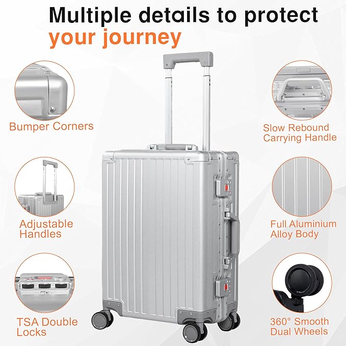 All Aluminum Carry On Luggage 22x14x9 Airline Approved，Hard Shell Carry On Luggage, Zipperless Luggage Aluminum Suitcase Luggage (sliver, 20inch)