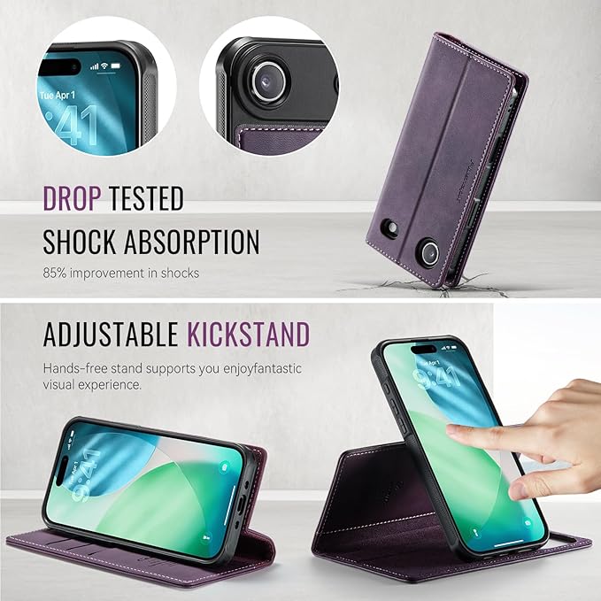 PlusnapX Wallet Case for iPhone Air Compatible with Magsafe, 2-in-1 PU Leather Flip RFID Blocking Card Holder Stand ShockAirof Magnetic Detachable Cover for iPhone 17 Air Case 6.5", Retro Purple