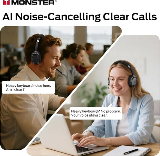 Monster VoiceLink 200 Wireless Headset with Mic for Work, Bluetooth V5.4 Headphones with AI Noise Cancelling Mic & USB Dongle, 60H Playtime & Mic Mute for Computer/Laptop/PC/iPhone/Android