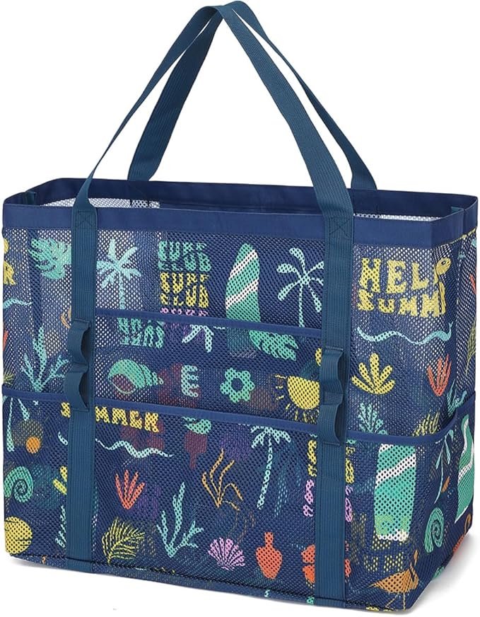 Mesh Beach Bag, Large Beach Tote with Zipper Pocket for Family Pool Bag for Toys & Vacation Essentials