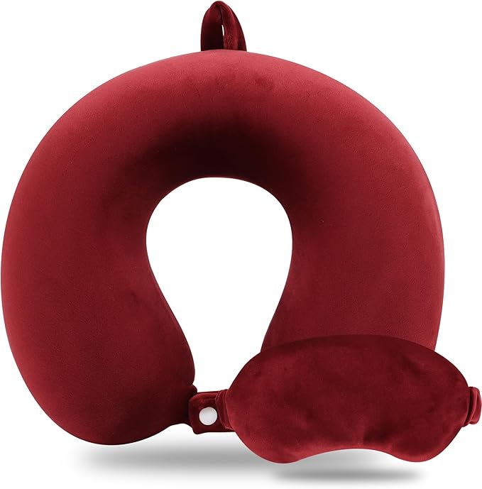 Pure Memory Foam Travel Pillow Set for Adults - Comfortable & Removable Machine Washable Cover, Neck Support Pillow Airplane Travel Kit with Eye Mask for Portable Plane Accessories -Wine Red