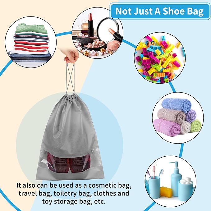 Shoe Bags for Travel, 5 Pcs Large Gray Travel Shoe Bags for Packing, Non-Woven Drawstring Travel Shoe Storage Bag with Clear Window for Men and Women（12.6" X 17.3" ）