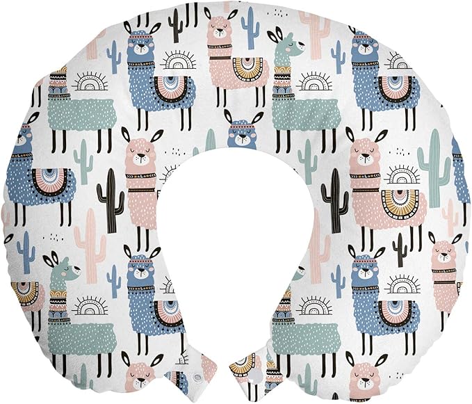 Ambesonne Llama Travel Pillow Neck Rest, Cartoon Style Hand Drawn South American Animals Alpacas and Llamas Design, Memory Foam Traveling Accessory for Airplane and Car, 12", White Teal