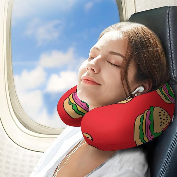 Premium Polyester Compact Neck Support Pillow, Funny Burglar Hamburgers Thief Red U-Shaped, U-Shape for Car Travel Office Restful Sleep, Washable Comfort