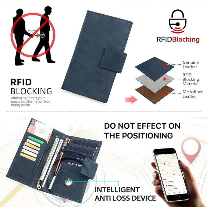 CONTACTS Full Grain Leather Family Passport Holder for 4 Airtag Passport Wallet RFID Blocking Travel Passport Cover with 4 Passport Slot, 6 Card Slot (Blue)