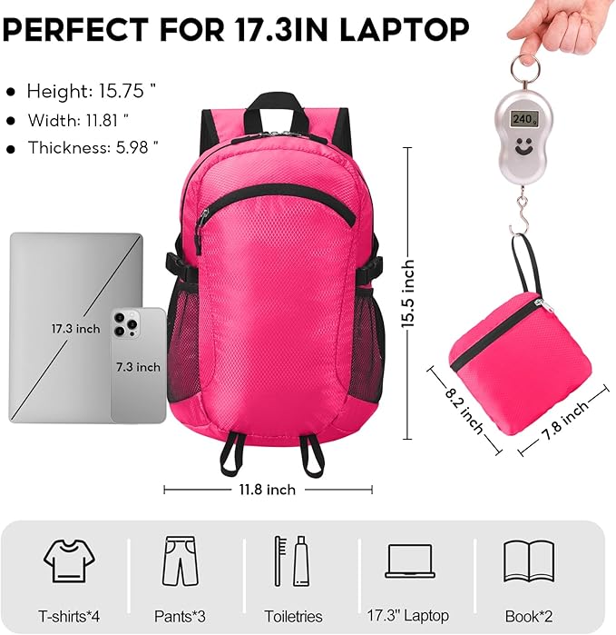 Small Hiking Backpack 15L Travel Lightweight Hiking Packable Daypack Water-Resistant Foldable Backpacks for Women Men Camping (Pink)