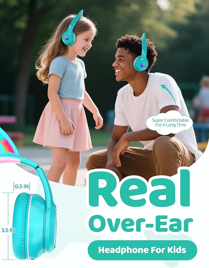 MIDOLA Kids Headphones Cat Ear Wireless Bluetooth 5.3 60H Over Ear, 8H with Led Light Foldable Music Gaming Headset with Aux 3.5mm Mic for Travel Pad Tablet Cyan