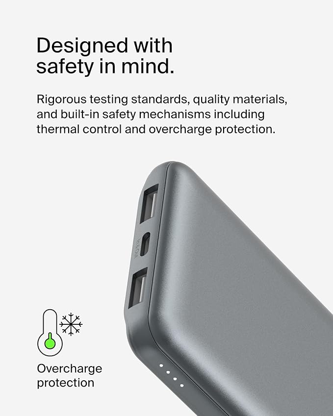 Belkin Portable Charger, USB C Power Bank 10000 mAh w/ 2xUSB-A Ports, 15W w/Type-C to Type-A Cable for iPhone 17, Air, Pro, Samsung Galaxy S25, iPad, Nintendo Switch 2, Google Pixel 10, etc. - Gray