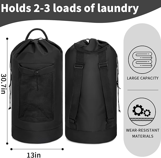 Laundry Bag Backpack with Shoulder Straps and Mesh Pocket Foldable Clothes Hamper Bag with Drawstring Closure for College, Apartment, Laundromat (Black)