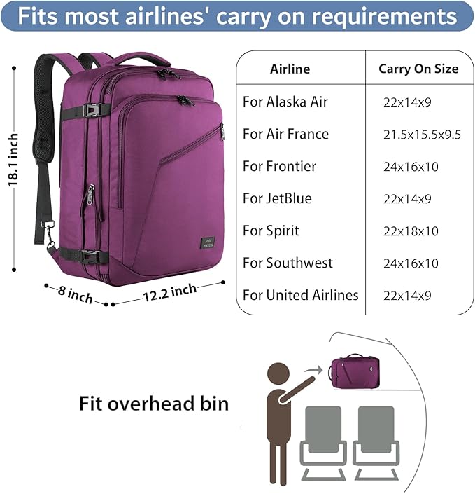 MATEIN Carry on Backpack for Women, 27L Flight Approved Backpack for Teacher Nurse, Fashion Expandable Airline Daypack for Plane, Lightweight Hiking Weekend Back Pack, Traveler Gifts, Purple