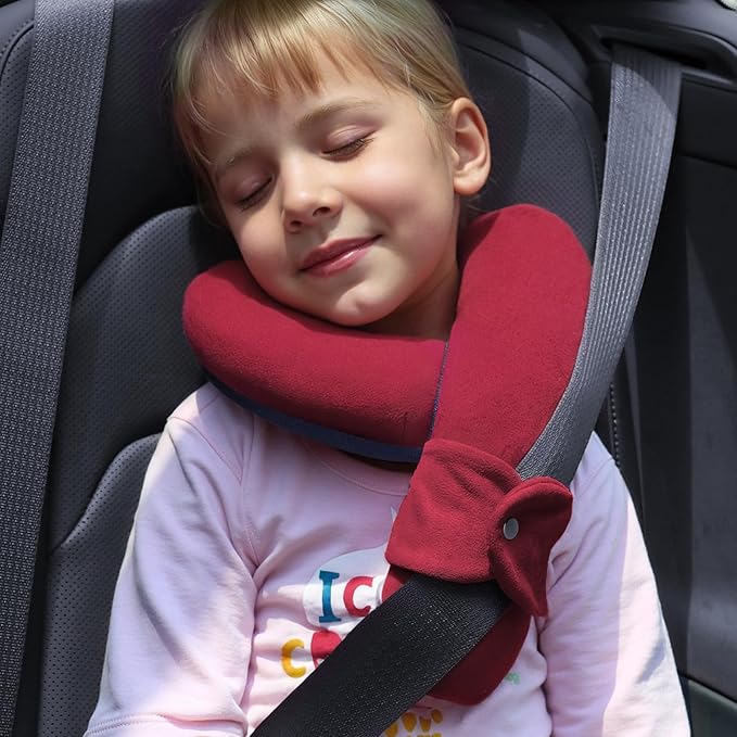 Kids Travel Neck Pillow, Comfortable Head & Chin Support for Car seat & Airplane, Toddler Pillow for Sleeping on Road Trip, Gifts for Child (Wine Red & Dark Blue)
