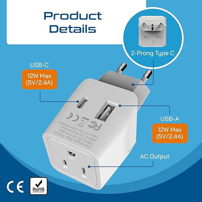 Ceptics European Travel Plug Adapter - USB-A & C, Type C Adapter for Turkey, Egypt, Iceland - USA Input - Ideal for Phones, Chargers, Cameras & More