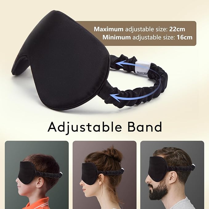 100% Pure 6A Mulberry Black Silk Sleep Mask for Women and Men, Adjustable Blackout Eye Cover, Breathable Travel Eye Mask for Sleeping, Zero Pressure Comfort