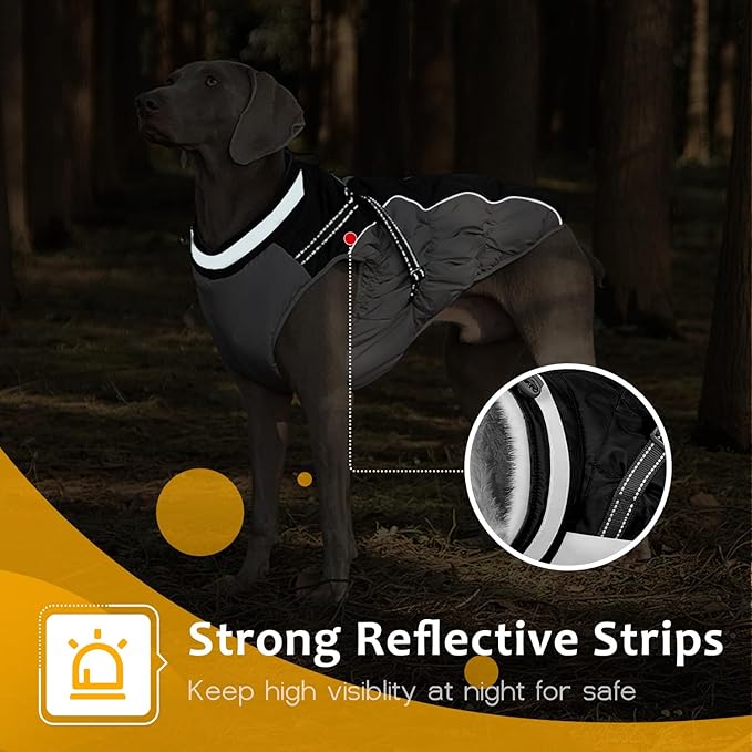 Abuandi Dog Winter Coat with Harness, Dog Jacket, Pet Clothes with Zipper on Back, Waterproof Windproof Warm Vest, Reflective Cold Weather Coats, for Small Medium Large Dogs, Thick, Black, 2XL