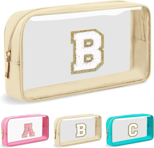 Personalized Initial Letter Clear Makeup Bag,Preppy Small Nylon&PVC Cosmetic Zipper Bag with Chenille Letter,Portable Beach Travel Skincare Toiletry Bag,Trendy Monogram Gift for Teen Girls Women,B