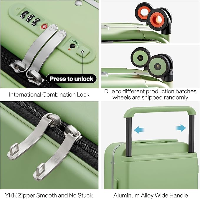 mixi Carry On Luggage Wide Handle Luxury Design Rolling Travel Suitcase PC Hardside with Aluminum Frame Hollow Spinner Wheels, with Cover, 20 inch, Avocado Green