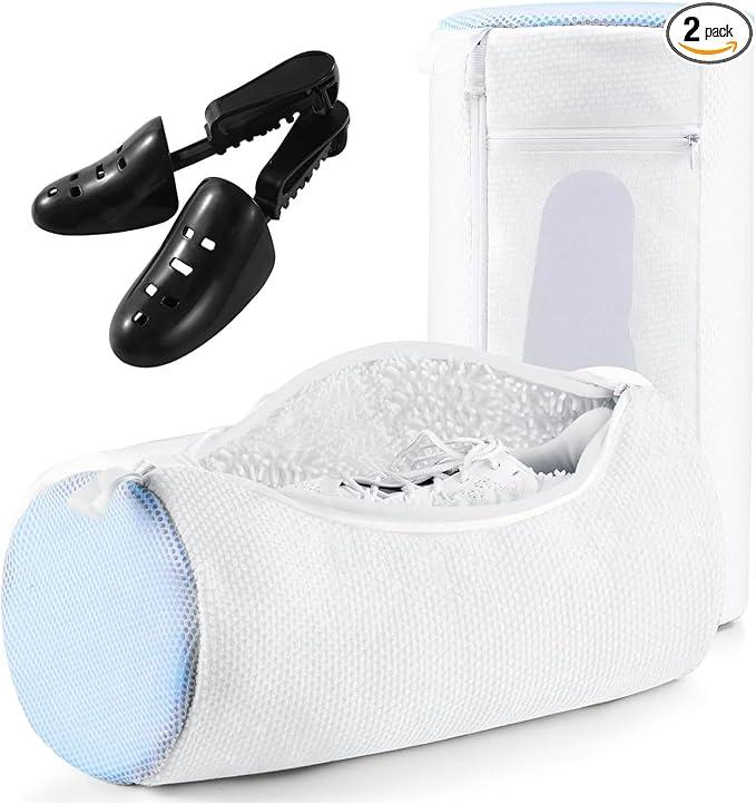 Shoe Washing Machine Bag w/Shoe Trees to Prevent Deformation - Sneaker Cleaner Bag Reusable Lint-free Large Laundry Shoe Bag, Tennis Shoes Wash Kit Home Travel Essentials, White 2pcs