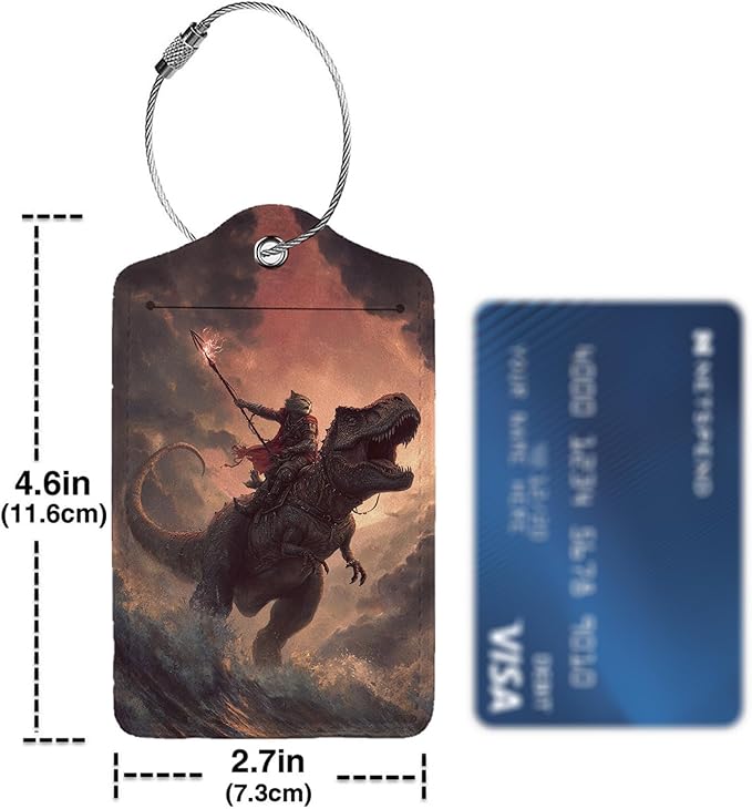 Cat Riding Dinosaur 3 Pack Luggage Tags, PU Leather Luggage Tags for Suitcase,Name ID Labels with Privacy Cover Suitcases and Metal Loop for Travel Bag Suitcase