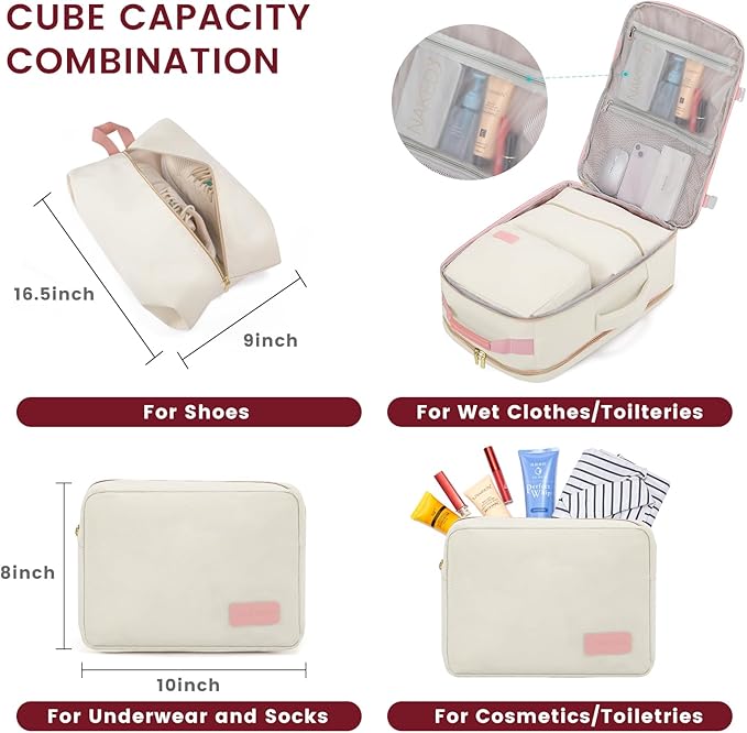 LOVEVOOK 40L Large Travel Backpack for Women Men, 17 Inch Carry on Backpack for Traveling on Airplane, Personal Item Travel Bag Airline Approved, Business Causal Weekender Backpack, Beige-Pink