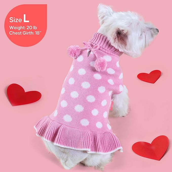 KYEESE Valentines Dog Sweater Dress, Warm Dog Sweaters for Small Dogs Girl Cats Dogs Clothes, Pullover Cozy Knit Pet Appare with Leash Hole, Pink Dot, S