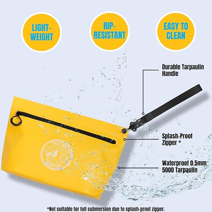 Tactiko 3L Water Resistant Pouch - Waterproof Material w/Splashproof Zipper - Hold All Zipper Bag for Storage, Toiletries, Travel, Beach, Cruise, Home (3, Blue/Yellow/Black) | Collapsible, Easy to Clean, Pack All