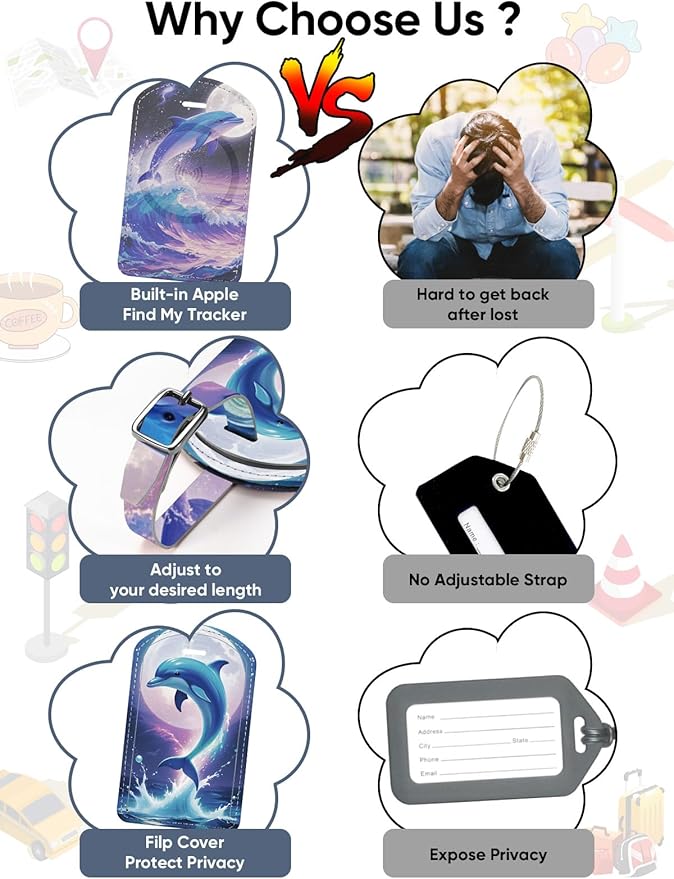 Luggage Tags Built-in Anti-Loss Tracker, Luxury Leather Luggage Tags for Suitcase, Travel Bags, Backpacks, Travel Organizer for Lost Baggage Prevention (Moon Dolphin)