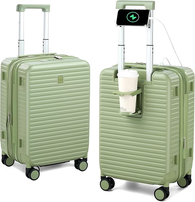 Hard Shell 20 Inch Carry on Luggage Expandable Travel Luggage, TSA Approved Luggage with Cup Holder Charger Built in, Lightweight Small Suitcases with Wheels, Bamboo Green