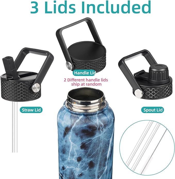 Insulated Water Bottle 24oz Stainless Steel Sport Bottles with 3 Lids,Marble Ocean
