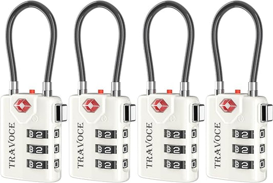 Search Alert TSA Approved Travel Combination Luggage Cable Locks for Suitcase, Gym Locker,Toolbox,Backpack 1,2,4,6 &10 pk (White 4 Pack)