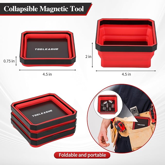 TOOLEAGUE 4Pcs Collapsible Magnetic Parts Tray Set with 15Lb Magnetic Pickup Pen,4.5" Square Silicone Foldable Tool for Organizing Screw Bolts Nuts Washers Pins and Other Small Metal Parts