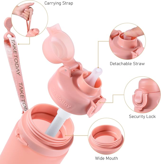 TakeToday Collapsible Water Bottles 20oz, Leak Proof, BPA-Free, Foldable Silicone Travel Water Bottle with Straw Strap for Cycling, Hiking, Outdoors