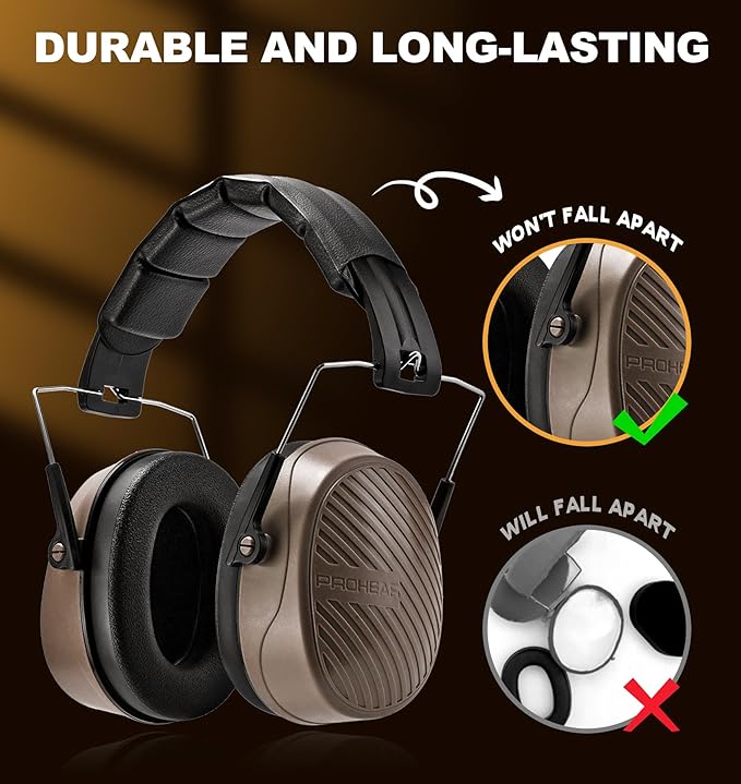 PROHEAR 038 Ear Protection Safety Earmuffs for Mowing, 28dB Noise Reduction Passive Hearing Protector, Compact Foldable Headset for Shooting Construction Power Tools, Brown