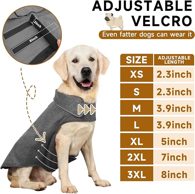 Fleece Dog Coat Pet Jacket Reflective for Cold Weather for Extra Large to Small Pets(Grey,2XL)