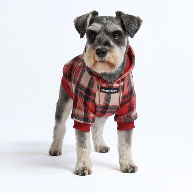 Spark Paws Dog Hoodie – Premium Dog Sweater for Small, Medium, and Large Dogs | Warm Outfits for French Bulldogs, Pitbull, Puppy, Winter Jacket Alternative - Red Plaid, M