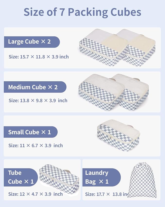 Narwey 7 Set Checkered Packing Cubes for Travel Carry on Suitcase Luggage Organizer Bags for Kids Women Men, Durable Packing Organizers Bag, Travel Essentials Accessories (Grayish Blue Checkerboard)