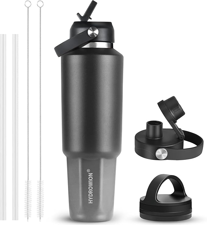 HYDROWION 40 oz Insulated Water Bottle, Car Water Bottle Holder - Double Wall Vacuum Insulated Travel Bottle with Straw Lid, Spout Lid and Flex Cap - Cold for 24H, Hot for 12H, Black - Grey