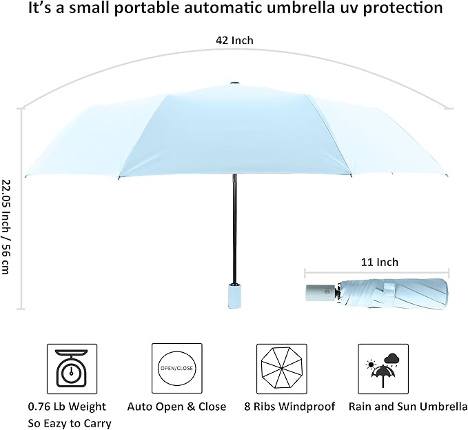 BAODINI Small UV Protection Travel Umbrella Compact for Rain and Sun UPF 50+ Windproof Portable 42 inch Umbrella for Women and Men