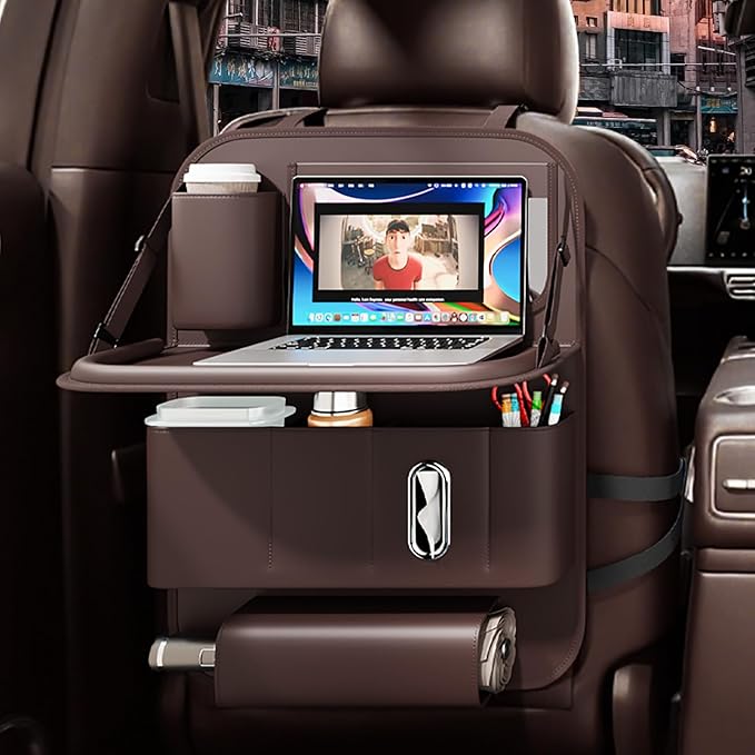 GMQ Backseat Car Organizer with Tray 1 Pack,Car Backseat Organizer with Foldable Table for Kids,Multifunctional Seat Back Organizer with Storage Pockets Car Storage Organizer (Coffee Brown)