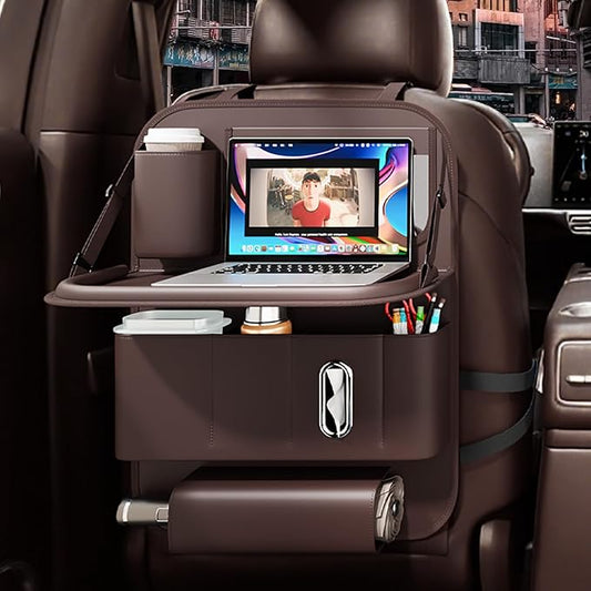 GMQ Backseat Car Organizer with Tray 1 Pack,Car Backseat Organizer with Foldable Table for Kids,Multifunctional Seat Back Organizer with Storage Pockets Car Storage Organizer (Coffee Brown)