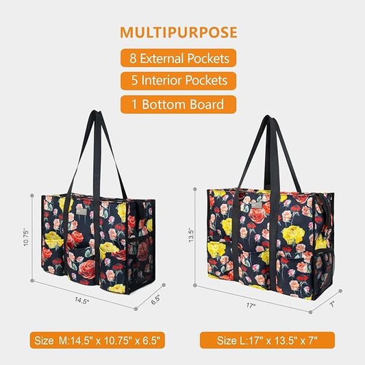 TOPDesign Utility Water Resistant Tote Bag with 13 Pockets, Top Zipper Closure & Thick Bottom Support, for Working Women