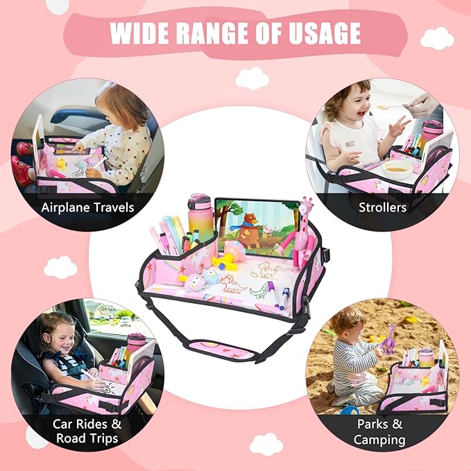 Upgraded Kids Travel Tray for Car Seat - Travel Tray for Airplane, Toddler Lap Tray, Carseat Lap Desk for Kids Road Trip Activities, Pink Unicorn - 2 PCS
