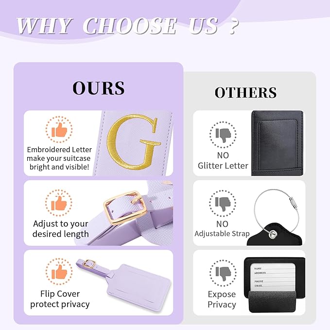 Personalized Initial Luggage Tags for Suitcase, Purple Leather Cute Luggage Tags with Privacy Cover Name Card, Embroidered Custom Monogrammed Luggage Tag Travel Backpack Tags Gifts for Women Kids(G)