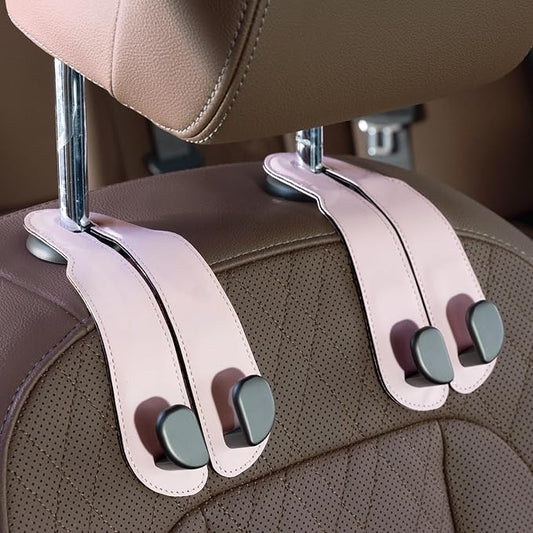 CoBak Purse Hook for Car - Universal Premium Stitched Leather and Aluminum-Magnesium Alloy Double Car Seat Back Storage Hook for Purses, Handbags, Bags (2 Pack),Pink