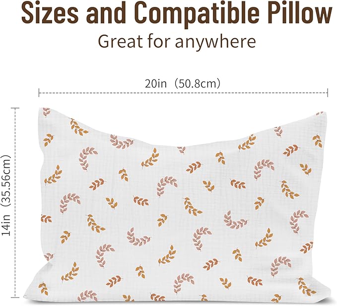 Toddler Pillowcases for 14"x20" Pillow 2 Pack, Muslin Small Toddler Baby Kids Travel Pillow Covers for Boys Girls with Envelope Closure (Brick & Leaf, 14 x 20 Inch)
