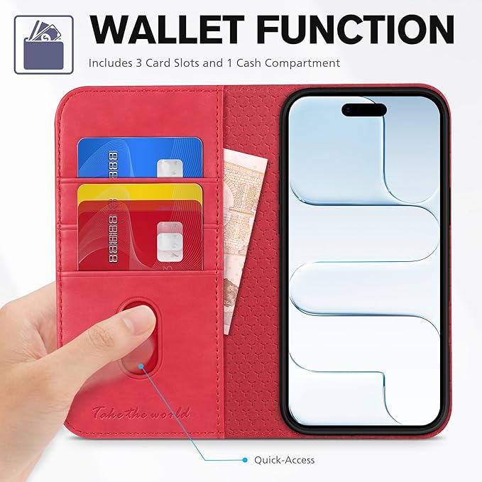 TUCCH Case Wallet for iPhone Air (6.5") 2025, RFID Blocking, 3 Card Holders, Kickstand, PU Leather, Protective Flip Folio Cover, TPU Shockproof Interior Shell, Bright Red