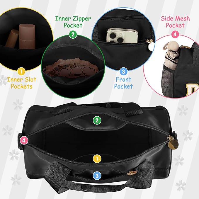 Personalized Dance Bag for Girls, Teen Toddler Ballet Bag Cute Chenille Letter Gym Sport Workout Duffel Bags, Waterproof Cheer Dancer Overnight Weekender Bags for Birthday Christmas Gift(Black)