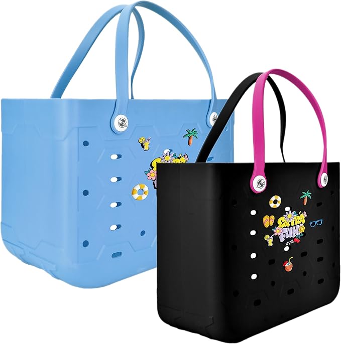 2-Piece Tote Bag Set, Waterproof Rubber Beach Bag with Summer Pattern, Medium & Large Handbag for Pool, Beach, Boat